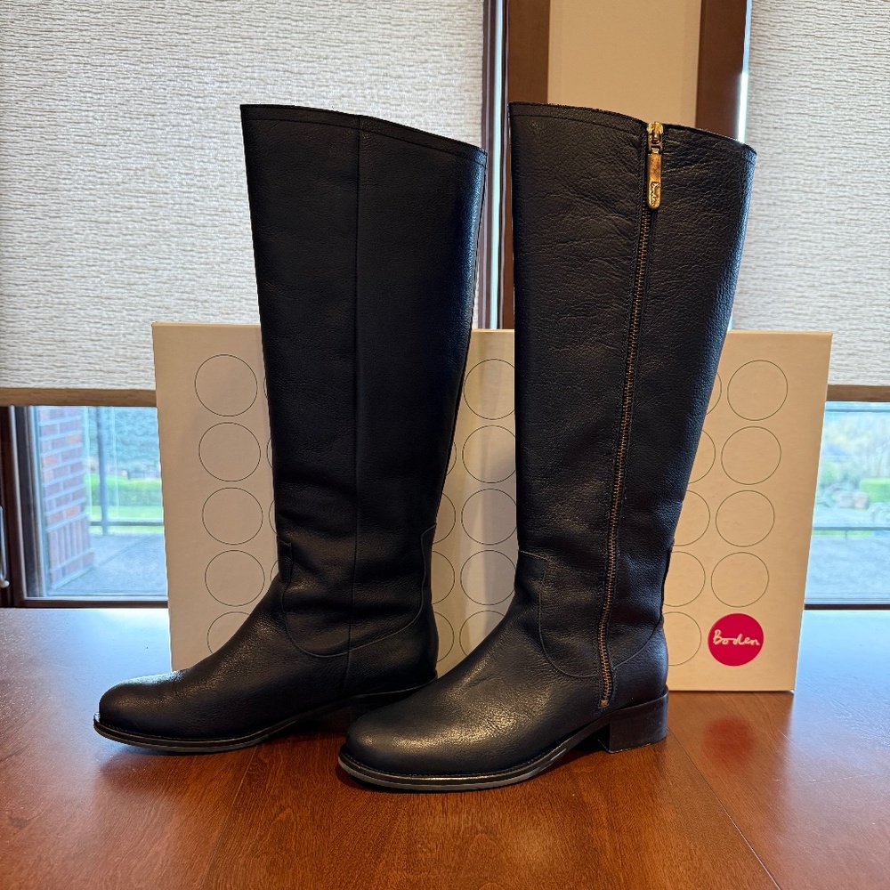Boden Navy Blue Leather Knee High Boots - W Size 37 (EU Size)